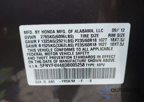 2013 Honda Pilot Ex из США, поврежденный, VIN 5FNYF4H48DB005258